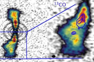 Scientists studying the young star AS 209 have detected gas in a circumplanetary disk for the first time, which suggests the star system may be harboring a very young Jupiter-mass planet. Science images from the research show (right) blob-like emissions of light coming from otherwise empty gaps in the highly-structured, seven-ring disk (left).