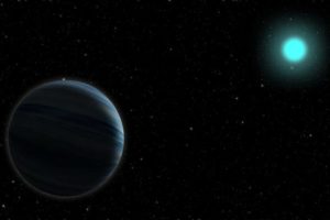 Artist’s concept of a Neptune-sized planet, left, around a blue, A-type star. UC Berkeley astronomers have discovered a hard-to-find gas giant around one of these bright, but short-lived, stars, right at the edge of the hot Neptune desert where the star’s strong radiation likely strips any giant planet of its gas.