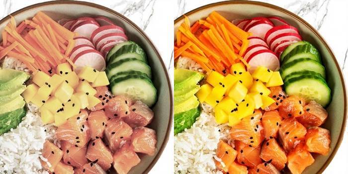 The photo on the left of a poke bowl doesn't look as fresh and tasty to viewers as the one on the right.