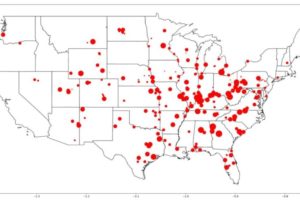 Coal-fired power plants in the United States. Bubbles are scaled by plant capacity, which ranges from 5 to 3,500 MW. Image credit: From Vanatta et al. in iScience, August 2022