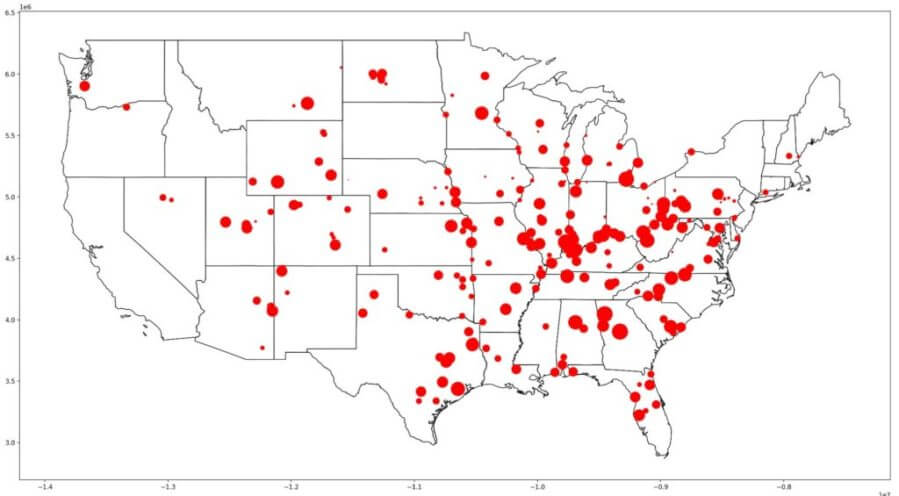 Coal-fired power plants in the United States. Bubbles are scaled by plant capacity, which ranges from 5 to 3,500 MW. Image credit: From Vanatta et al. in iScience, August 2022