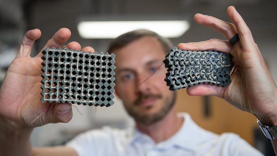 Penn State researchers create mechanical integrated circuit materials from conductive and non-conductive rubber materials that sense and react to tactile input, such as force. Credit: Kelby Hochriether/Penn State. All Rights Reserved.