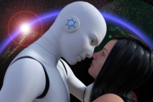 Robot and human woman embrace