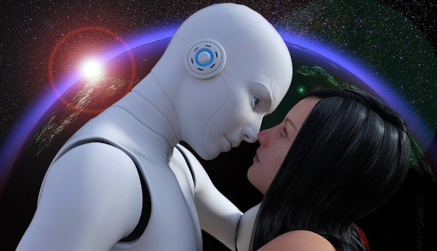 Robot and human woman embrace