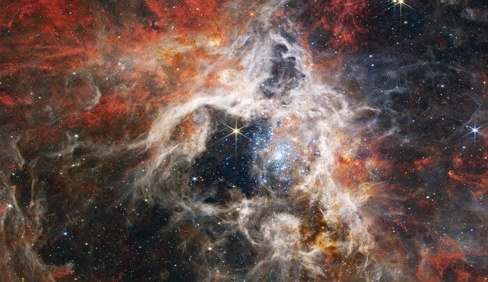 In this mosaic image stretching 340 light-years across, Webb’s Near-Infrared Camera (NIRCam) displays the Tarantula Nebula star-forming region in a new light, including tens of thousands of never-before-seen young stars that were previously shrouded in cosmic dust. The most active region appears to sparkle with massive young stars, appearing pale blue.