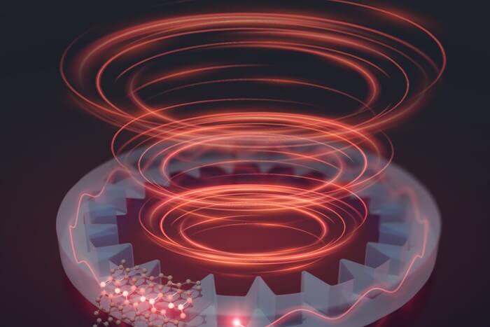 The image shows a quantum emitter capable of emitting single photons integrated with a geared-shaped resonator. By fine-tuning the arrangement of the emitter and the gear-shaped resonator, it’s possible to leverage the interaction between the photon’s spin and its orbital angular momentum to create individual “twisty” photons on demand.