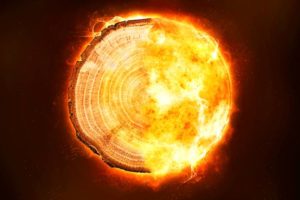 A composite image showing a tree ring and flames - UQ researchers used tree ring data to model the global carbon cycle to challenge the common theory about Miyake Events.