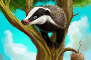 Digital art of a badger climbing a tree where, at the top, there is hanging bird nest
