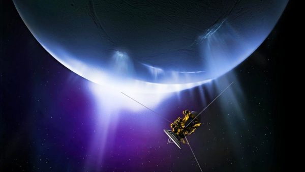 Artist's impression of the Cassini spacecraft flying through plumes erupting from the south pole of Saturn's moon Enceladus. These plumes are much like geysers and expel a combination of water vapor, ice grains, salts, methane and other organic molecules.