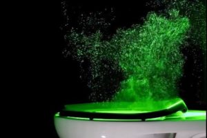 Toilet spray coming off a green toilet