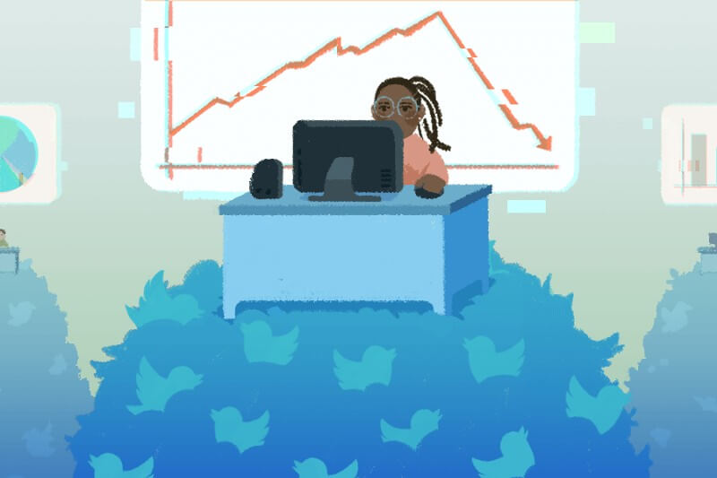 illustration of woman at a desk with Twitter logos floating around