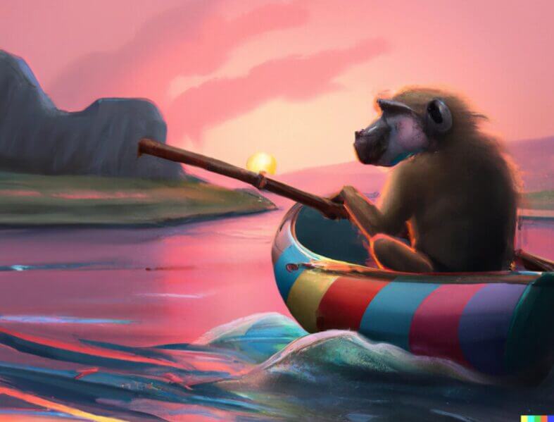 DALL-E's version of a cute baboon sailing a colorful dinghy at sunset.