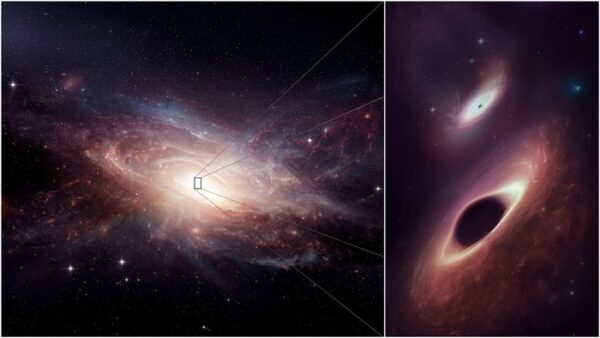 This artist’s conception shows a late-stage galaxy merger and its two newly-discovered central black holes. The binary black holes are the closest together ever observed in multiple wavelengths.
