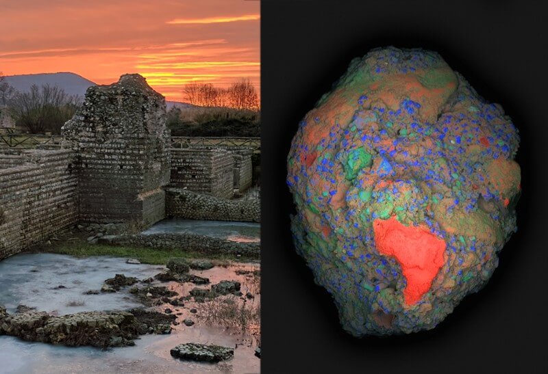A large-area elemental map (Calcium: red, Silicon: blue, Aluminum: green) of a 2 cm fragment of ancient Roman concrete (right) collected from the archaeological site of Privernum, Italy (left). A calcium-rich lime clast (in red), which is responsible for the unique self-healing properties in this ancient material, is clearly visible in the lower region of the image. Credits:Courtesy of the researchers