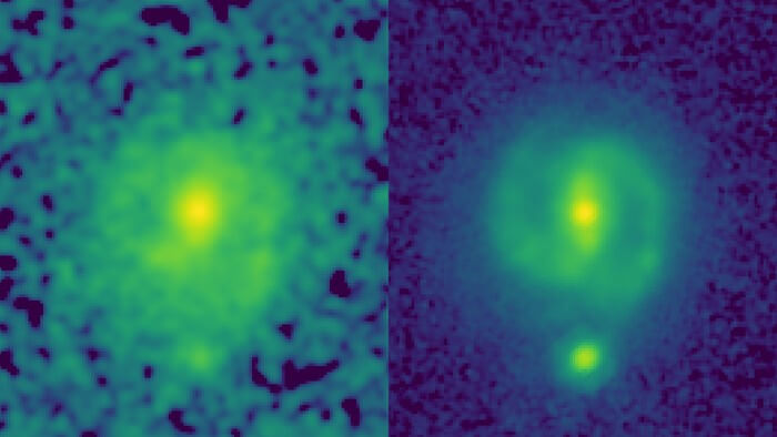 The power of JWST to map galaxies at high resolution and at longer infrared wavelengths than Hubble allows it look through dust and unveil the underlying structure and mass of distant galaxies. This can be seen in these two images of the galaxy EGS23205, seen as it was about 11 billion years ago. In the HST image (left, taken in the near-infrared filter), the galaxy is little more than a disk-shaped smudge obscured by dust and impacted by the glare of young stars, but in the corresponding JWST mid-infrared image (taken this past summer), it’s a beautiful spiral galaxy with a clear stellar bar.