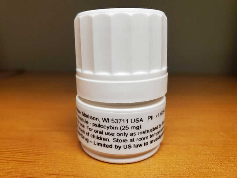 The vial in which the psilocybin capsules are delivered to the School of Pharmacy for clinical research. SALLY GRIFFITH-OH