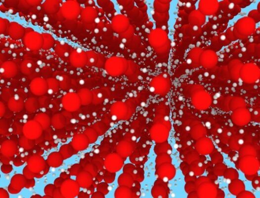 Image from simulation of ice XVIII. Oxygen ions (red) occupy a regular crystal lattice, while protons (white) diffu...                    </div>

                    <div class=