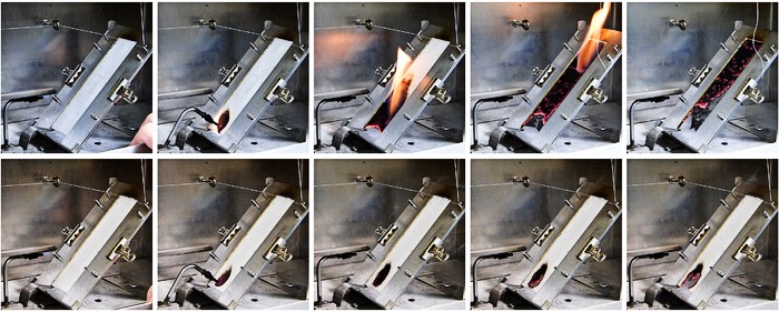 Time series of 45° incline flame test of non-woven fabrics from the MAGIC recombinant inbred lines (RILs) with the inferior heat release capacities (HRC) and the most superior HRC. Each image is 5 seconds apart. Top series is fabric made from RIL-225, which like all untreated textiles produced from conventional cultivated white cottons, was fully consumed by flame in approximately 15 seconds. Bottom series is RIL-385, which self-extinguished.
