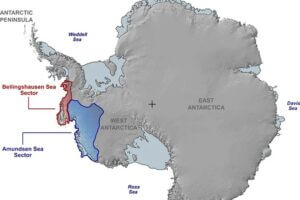 Map of Antarctica highlighting the Amundsen and Bellingshausen Seas