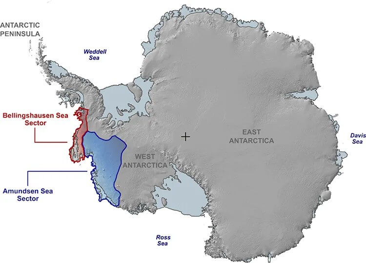 Map of Antarctica highlighting the Amundsen and Bellingshausen Seas