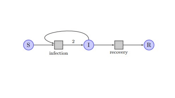 A simple version of a Petri net for COVID infection. The starting point is a non-infected person. “S” denotes “susceptible”. Contact with an infected person (“I”) is an event which leads to two persons being infected. Later another event will happen, removing a person from the group of infected. Here, “R” denotes “recovered” which in this context could be either cured or dead. Either outcome would remove the person from the infected group.