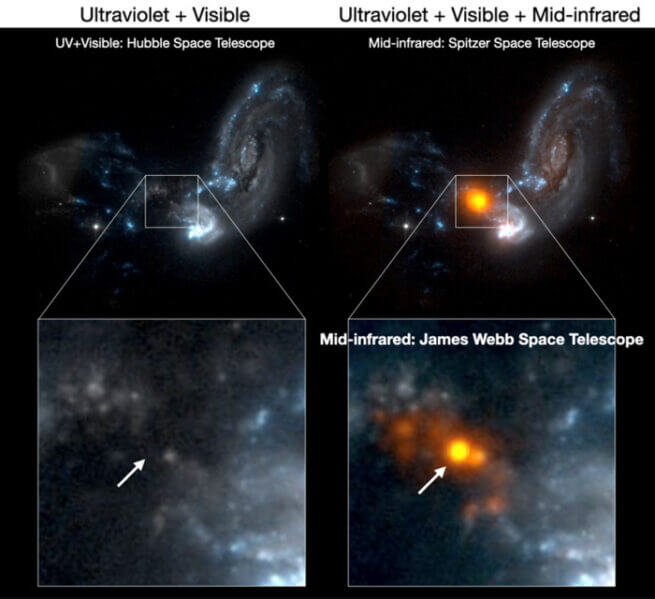 Astronomers from an international team have used the James Webb Space Telescope to reveal, for the first time, the exact location of the source powering colliding galaxies. Curiously, this source lies outside of the main parts of the galaxies and is not visible at all in the ultraviolet or visible light observed with the Hubble Space Telescope.