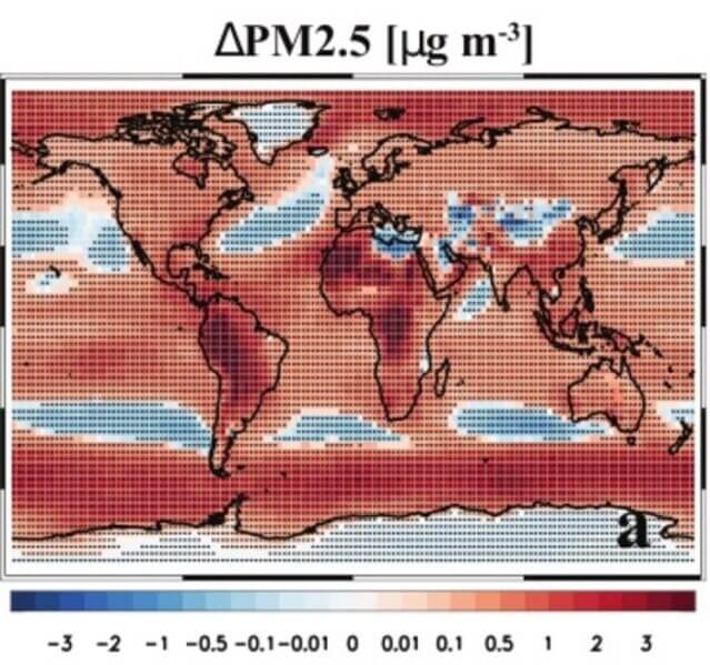 Change in PM2.5 surface concentration after 4 degrees C of warming. Black dots symbolize statistically significant changes.