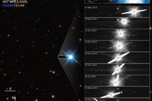 Graphic showing how microlensing was used to measure the mass of a white dwarf star.