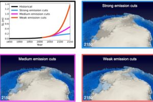 Sea level rise contributions from the Antarctic and Greenland ice sheets, and maps of projected 2150 CE Antarctic ice sheet surface elevation following different greenhouse gas emission scenarios (SSP1-1.9, strong emission cuts; SSP2-4.5, medium emission cuts; SSP5-8.5, weak emission cuts).