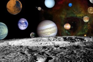 Solar system montage of the nine planets and moons of Jupiter in our solar system.
