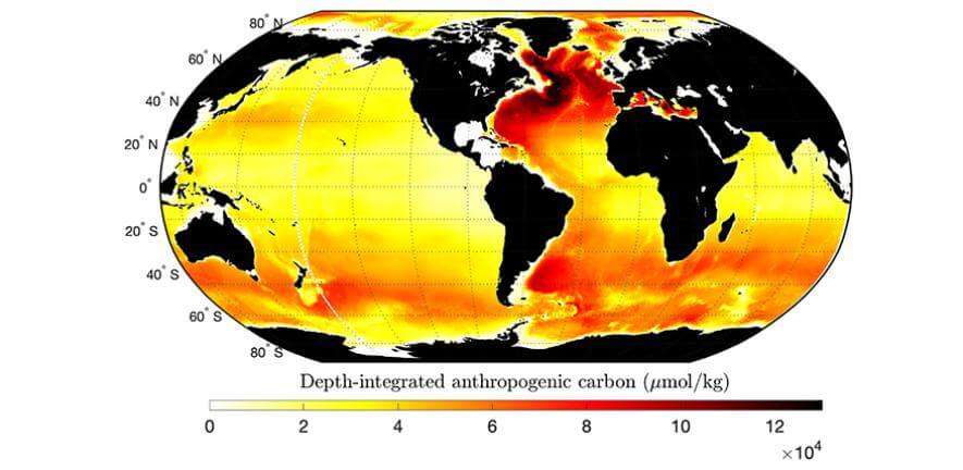 Map of depth-integrated anthropogenic carbon Credit: Laura Cimoli/GLODAP