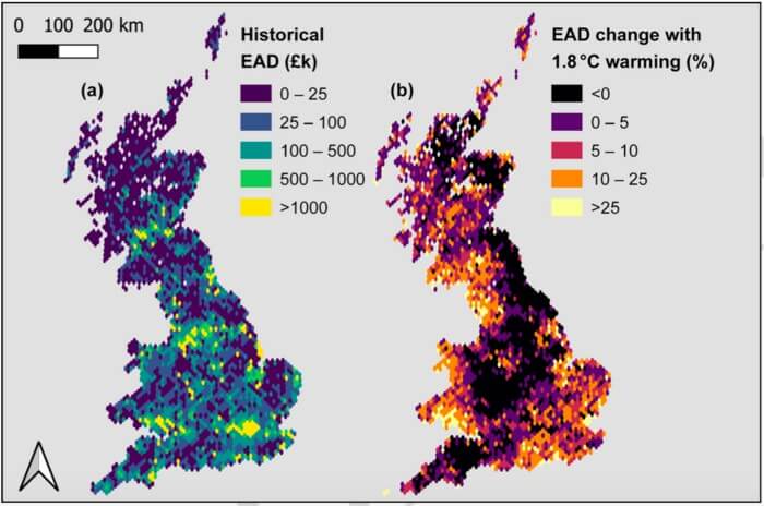 Historical expected annual damage (EAD) in GBP billion at 2020 values, and calculated EAD percentage increase with 1.8 degrees global warming.