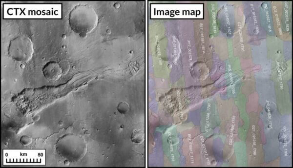 The new global mosaic, shown in a detail example at left, is stitched together with images taken by MRO's Context Camera, which captures the Martian surface in long strips.