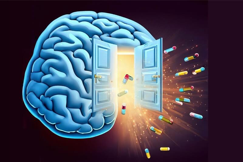 Illustration of a brain with a door opening