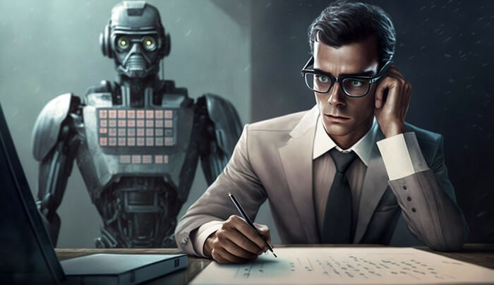 Illustration of a robot and man in a business suit