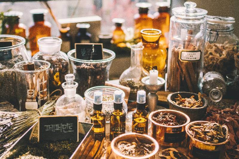 Traditional Chinese Medicine bottles and herbs