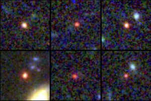 Images of six candidate massive galaxies, seen 500-800 million years after the Big Bang. Image credit: NASA/ESA/CSA/I. Labbe