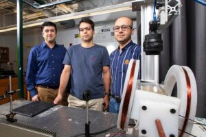 Kourosh Shoele, an assistant professor of Mechanical Engineering, Hadi Mohammadigoushki, Associate Professor of Chemical and Biomedical Engineering and Farshad Nazarinasrabad, a doctoral candidate in chemical engineering at the FAMU-FSU College of Engineering. (Mark Wallheiser/FAMU-FSU College of Engineering)