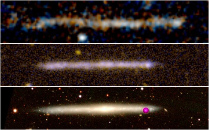 The Hubble Space Telescope has captured an image of an object in the ultraviolet part of the spectrum, which appears similar in size to our Milky Way. Researchers have been puzzled by this object for some time, but recently found similarities between it and a nearby galaxy known as IC 5249, which lacks a bulge and is observed edge-on. The images in ultraviolet and visible light of both objects are strikingly similar and suggest that the object could be a galaxy without a bulge viewed edge-on. Credit for the images goes to HST.