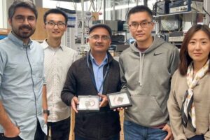 Amin Nozariasbmarz, Yu Zhang, Bed Poudel, Wenjie Li and Na Liu, left to right, researchers in the Department of Materials Science and Engineering at Penn State, display the thermoelectric modules they created. Credit: Provided . All Rights Reserved.