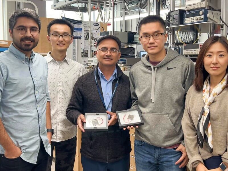 Amin Nozariasbmarz, Yu Zhang, Bed Poudel, Wenjie Li and Na Liu, left to right, researchers in the Department of Materials Science and Engineering at Penn State, display the thermoelectric modules they created. Credit: Provided . All Rights Reserved.