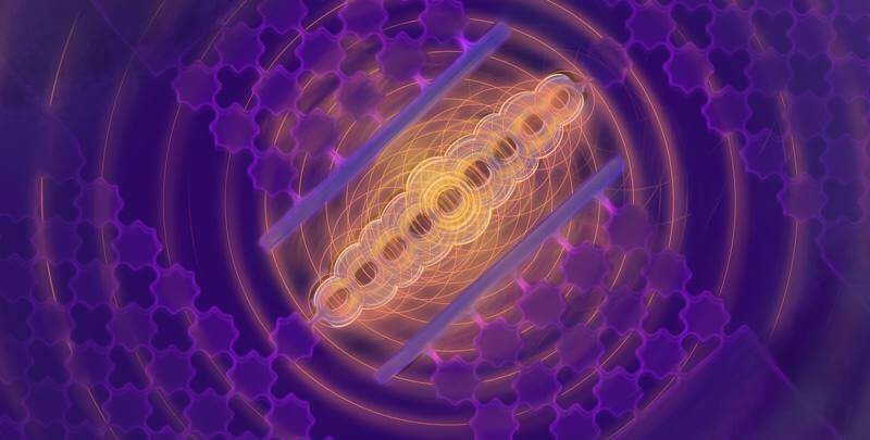 An artist's concept of a quantum memory storage device. It is rectangular and surrounded by a grid of smaller squares. Sound waves seem to radiate within it and out of it.