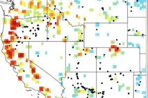 Where the 2020 fires contributed the most to smoke exposure over the western US. Red indicates the areas with the most smoke impact in September 2020, averaged over the western US and weighted for population. Blue indicates fires with the least smoke impact.