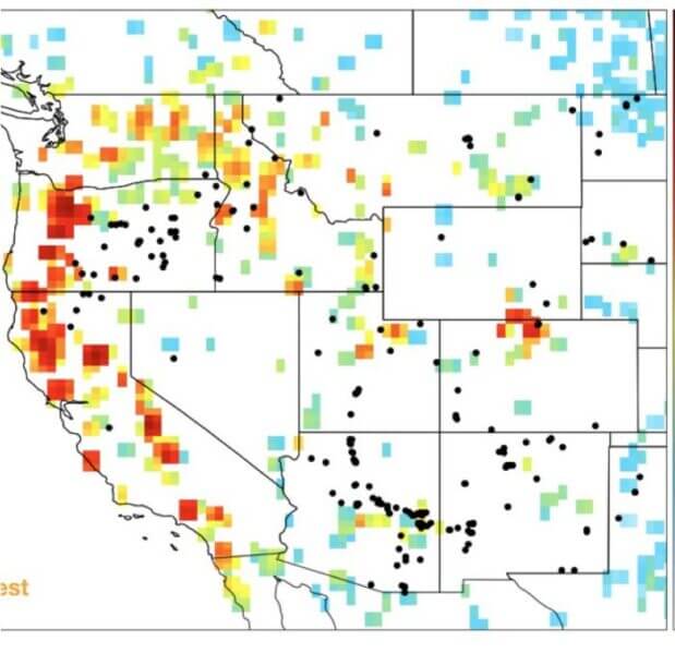 Where the 2020 fires contributed the most to smoke exposure over the western US. Red indicates the areas with the most smoke impact in September 2020, averaged over the western US and weighted for population. Blue indicates fires with the least smoke impact.