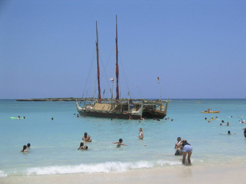 Contemporary replica of a Polynesian double-hulled voyaging canoe.