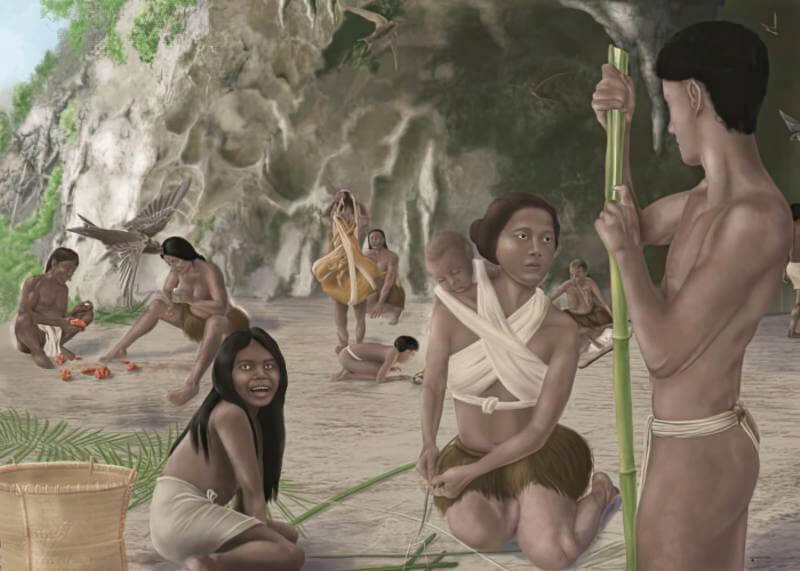 Fiber technology at Tabon Cave, 39-33 000 years ago. An artistic view based on the latest archaeological data. Drawing by Carole Cheval-Art'chéograph. Made for the exhibition "Trajectories and Movements of the Philippine Identity" curated by Hermine Xhauflair and Eunice Averion. Scientific advising: Hermine Xhauflair.