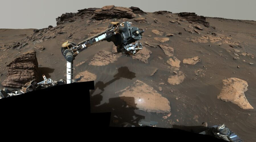 NASA’s Perseverance Mars rover uses SHERLOC – one of several instruments on the end of its robotic arm – to study rocks in an area nicknamed “Skinner Ridge.” Credit: NASA/JPL-Caltech/ASU/MSSS