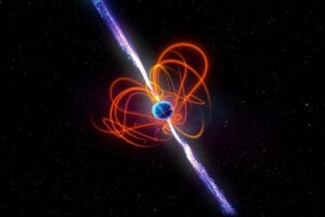 An artist’s impression of the ultra-long period magnetar. Astronomers discovered the object using the Murchison Widefield Array (MWA), a radio telescope on Wajarri Yamaji Country in outback Western Australia.