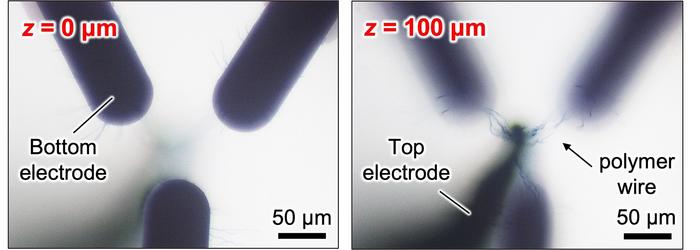 Optical microscopy images of the 3D polymer wiring between a top electrode (TE) and three bottom electrodes (BEs) at the vertical distance from the surface of glass substrate z = 0 and 100 μm.