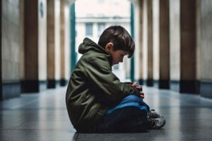 Small boy sitting in a school hallway